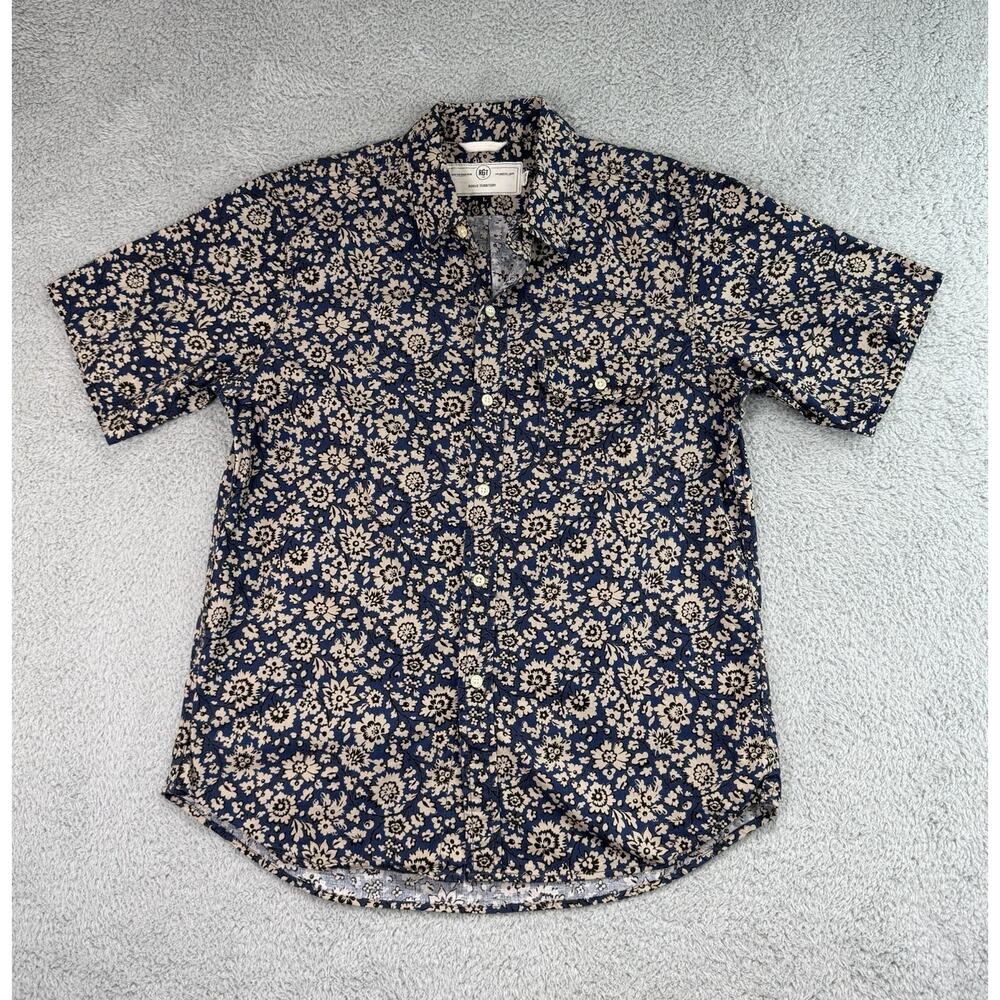 Rogue Territory Mens L Maker Shirt Navy Brown Floral Cotton RGT Short Sleeves